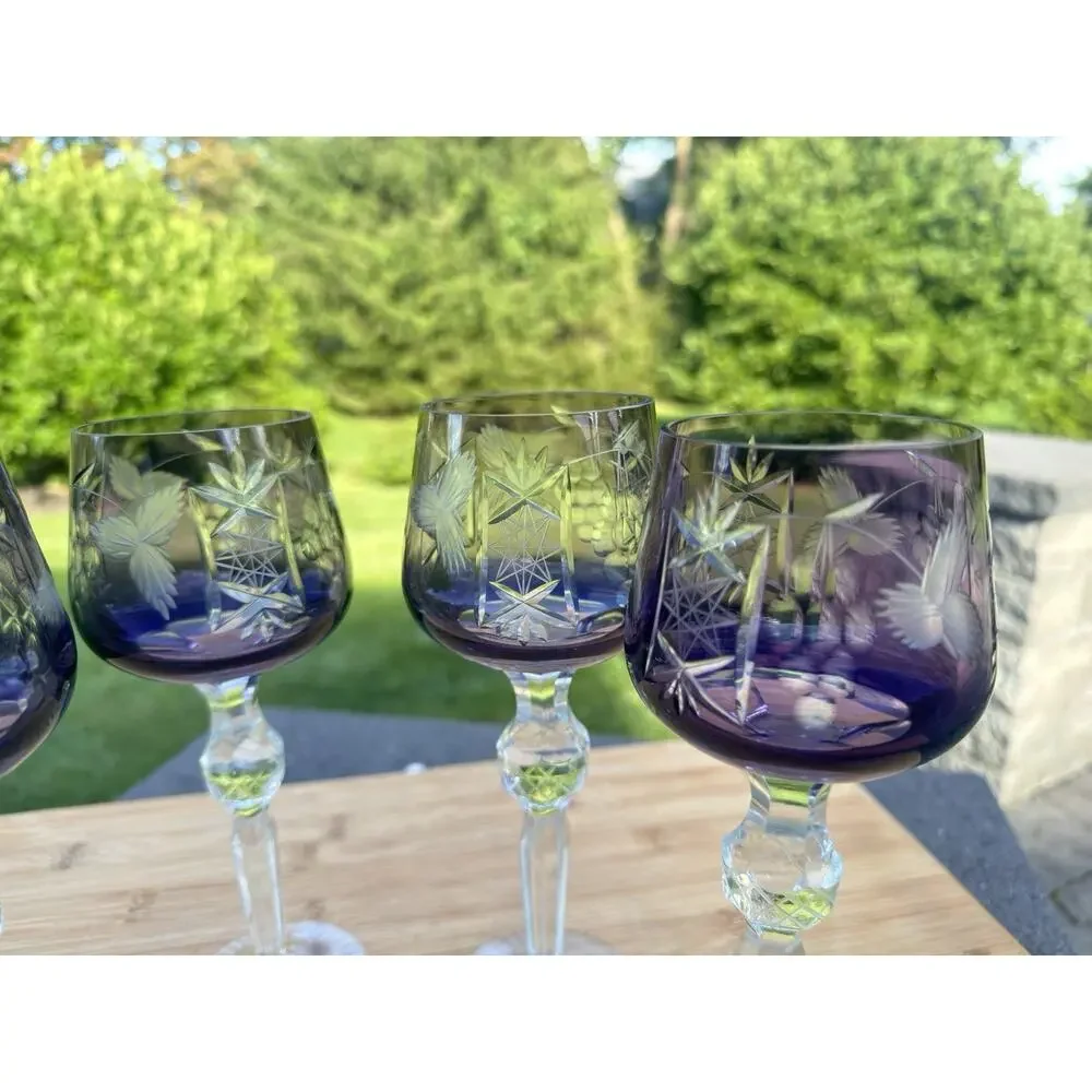 Vintage Bohemian Amethyst Cut to Clear Crystal Wine Glass 8-1/2”~set Of 4